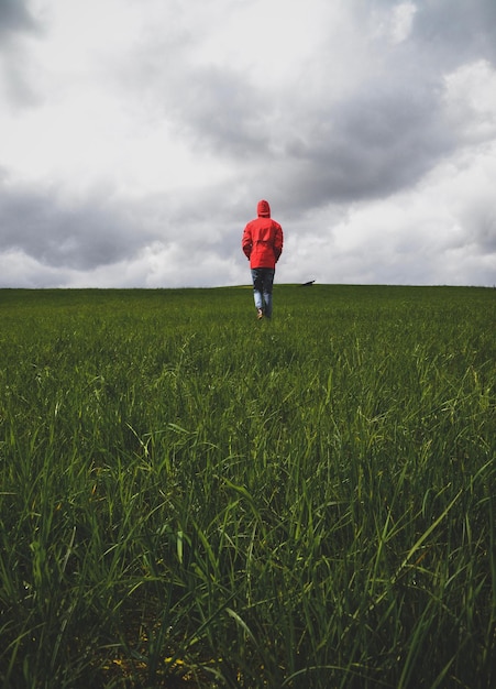 Vista posteriore di un uomo che cammina sul campo contro il cielo