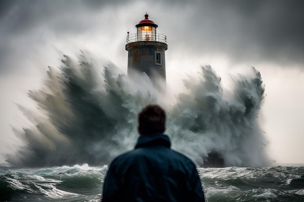 Vista posteriore di un uomo che indossa un impermeabile in un faro in piedi da solo prima di una tempesta imminente