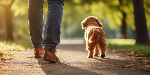 Vista posteriore di un uomo con un cane che cammina in un parco estivo AI generativa