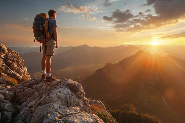 vista posteriore di un uomo con uno zaino in cima alla montagna con una bella vista del tramonto