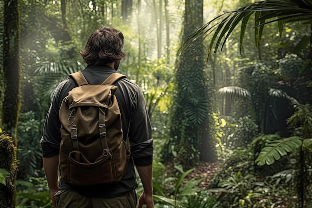Vista posteriore di un uomo con uno zaino nella foresta pluviale