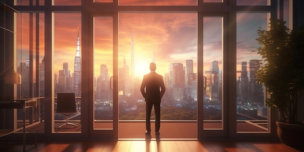 Vista posteriore di un uomo d'affari di successo che guarda il cielo dal suo ufficio la mattina presto