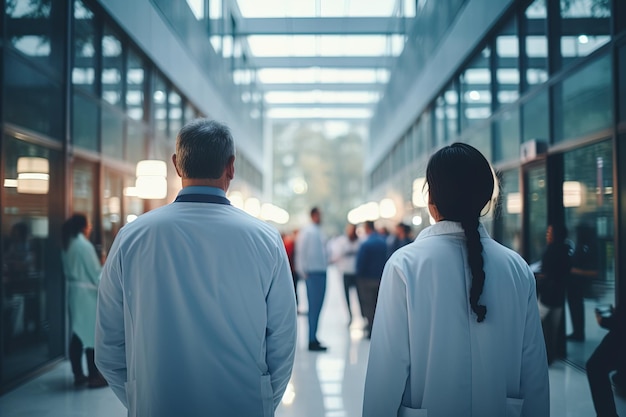 vista posteriore di un uomo donna scienziati medici abiti bianchi nel corridoio di vetro del centro scientifico