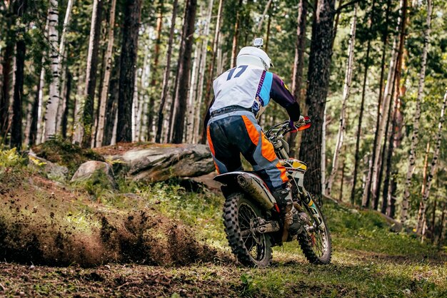 Vista posteriore di un uomo in motocicletta nella foresta