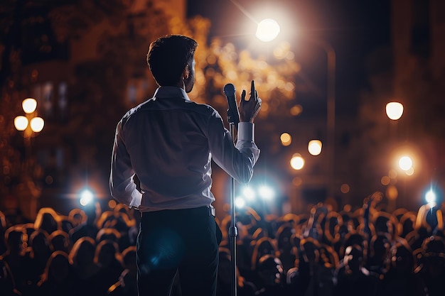 Vista posteriore di un uomo in piedi di fronte a una folla a un concerto