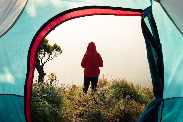 Vista posteriore di un uomo in piedi sul campo visto attraverso la tenda