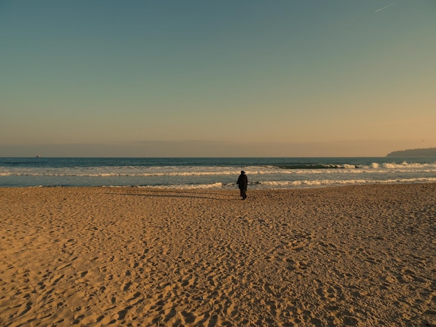 Vista posteriore di un uomo in piedi sulla spiaggia contro un cielo limpido durante il tramonto