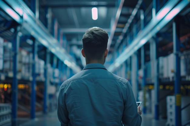 Vista posteriore di un uomo in una fabbrica moderna con un tablet in mano Lavoratore in un ambiente industriale AI generativa