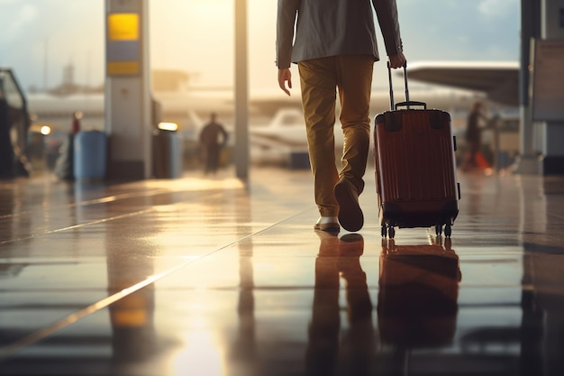 Vista posteriore di un uomo irriconoscibile in abiti casual che cammina con una valigia al primo piano dell'aeroporto Concetto di viaggio