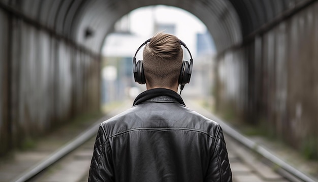 Vista posteriore di un uomo scavatore che ascolta musica con le cuffie su una ferrovia abbandonata in città AI generato