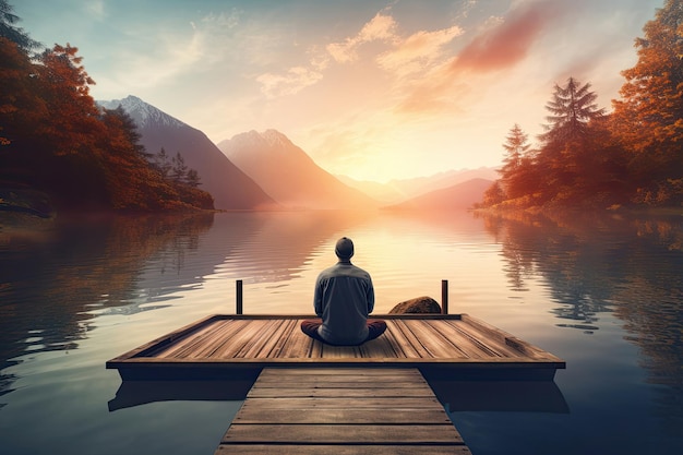 Vista posteriore di un uomo seduto in posa yoga sul molo del lago AI generativa