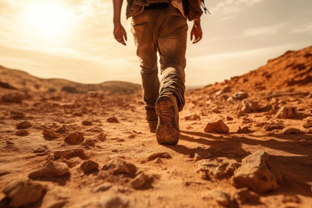 Vista posteriore di un uomo solitario che cammina sulla sabbia in un deserto caldo