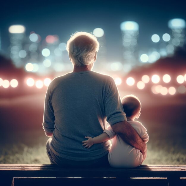 vista posteriore di un vecchio con un bambino seduto in parco di notte contro uno sfondo sfocato con spazio di copia