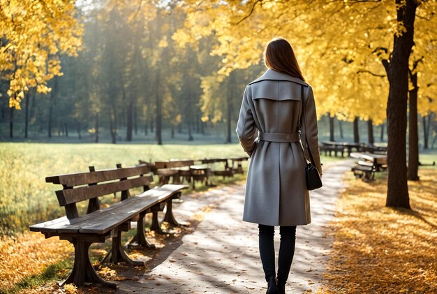 Vista posteriore di una bella giovane donna in cappotto grigio che tiene un caffè posando nel parco d'autunno da dietro di lady i