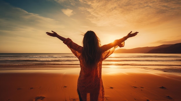 Vista posteriore di una bella ragazza con il braccio aperto sulla spiaggia