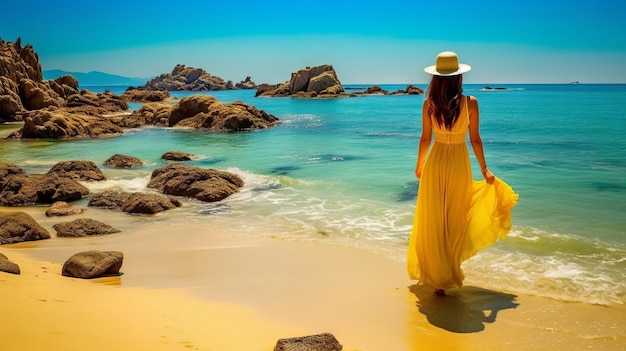 Vista posteriore di una bella ragazza in un vestito maxi giallo su una spiaggia