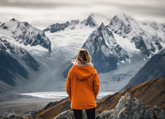 Vista posteriore di una camminatrice che guarda la montagna