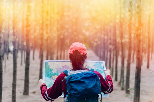 Vista posteriore di una camminatrice che legge la mappa in piedi nella foresta