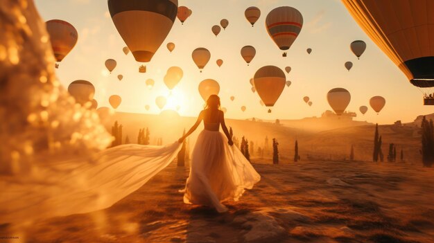 Vista posteriore di una coppia a Cappadocia che fa la proposta