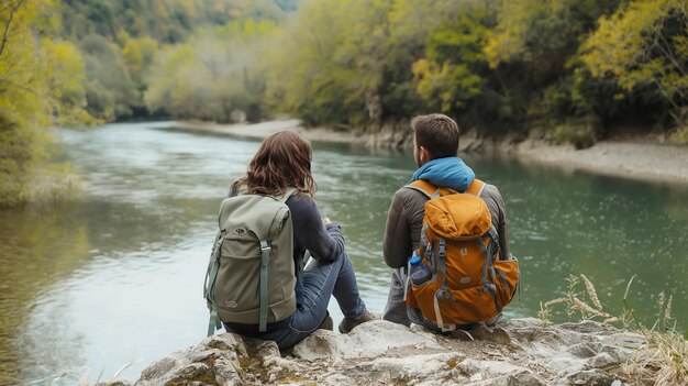 Vista posteriore di una coppia di escursionisti che si riposano vicino a un fiume Riverside Hiking Pause