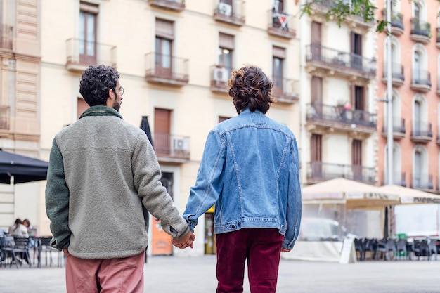 Vista posteriore di una coppia gay che cammina mano nella mano