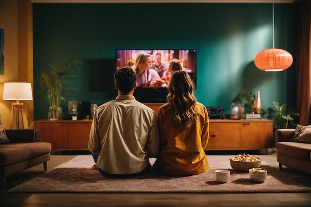 Vista posteriore di una coppia in soggiorno che guarda un film in tv mentre mangia cibo da asporto