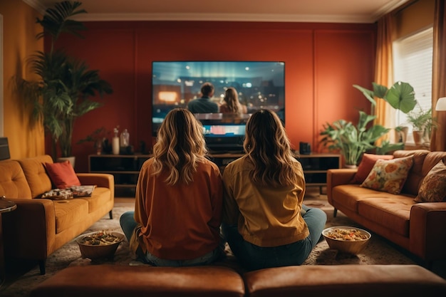 Vista posteriore di una coppia in soggiorno che guarda un film in tv mentre mangia cibo da asporto