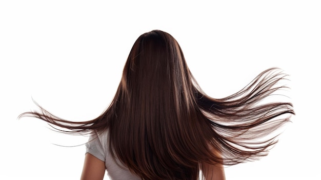 Vista posteriore di una donna bruna con i capelli lunghi e dritti, giovane modella con bellissimi capelli isolati su uno sfondo bianco, giovane ragazza con i capelli che volano al vento.