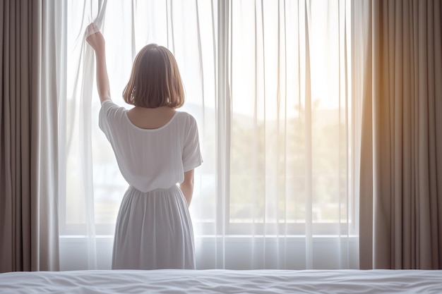 Vista posteriore di una donna che apre la tenda nella camera da letto