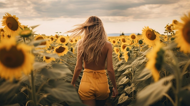 Vista posteriore di una donna che cammina attraverso un girasole