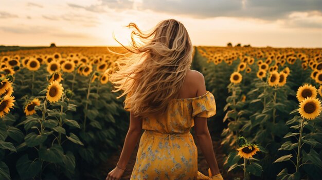 Vista posteriore di una donna che cammina attraverso un girasole