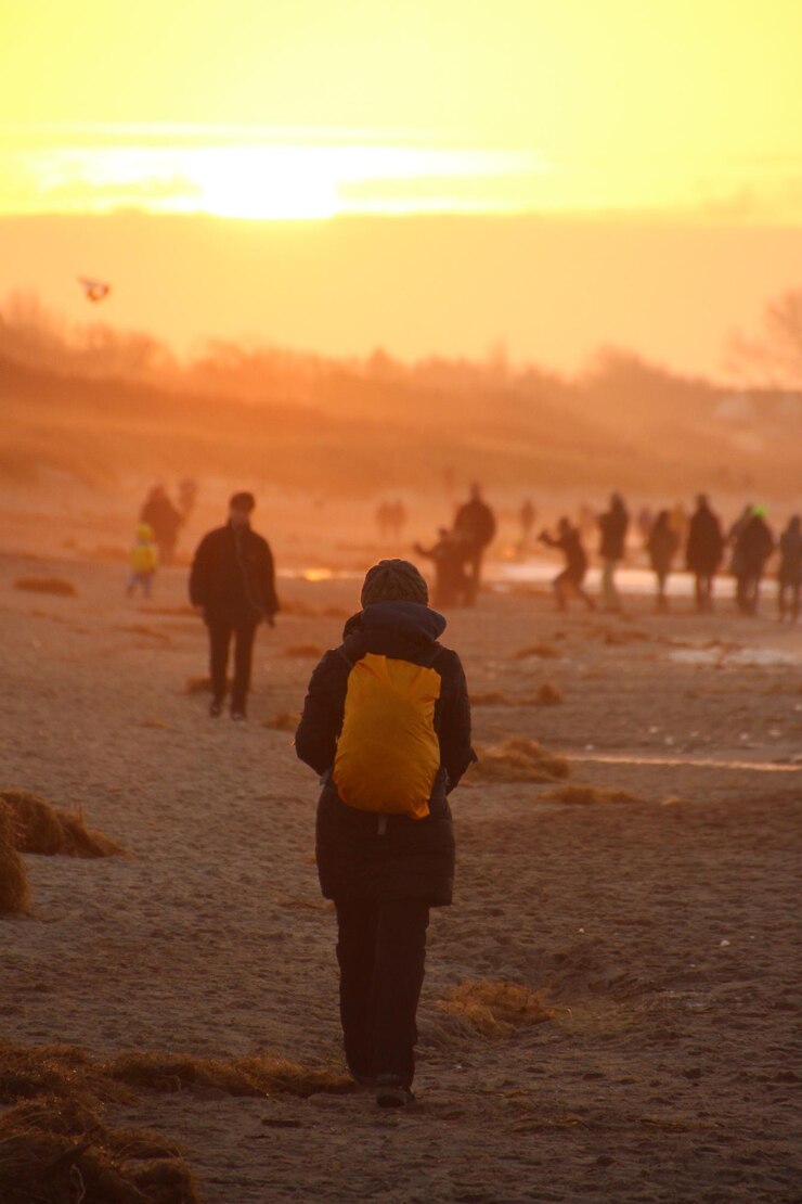 Foto vista posteriore di una donna che cammina sulla spiaggia contro il cielo durante il tramonto