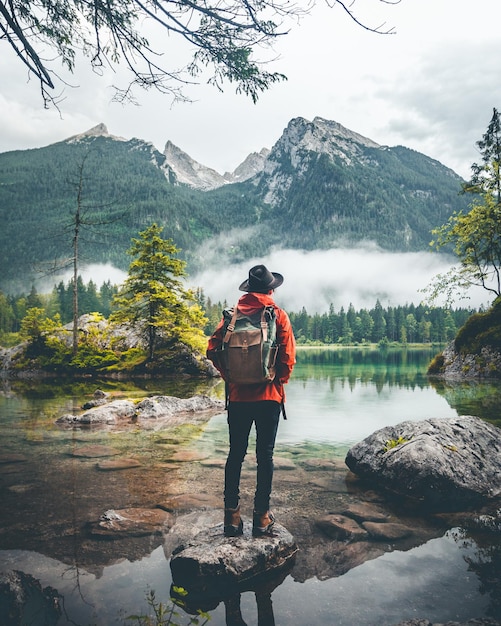 Vista posteriore di una donna che guarda il lago contro le montagne