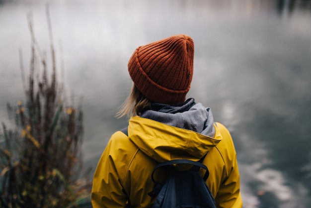 Vista posteriore di una donna che guarda il lago