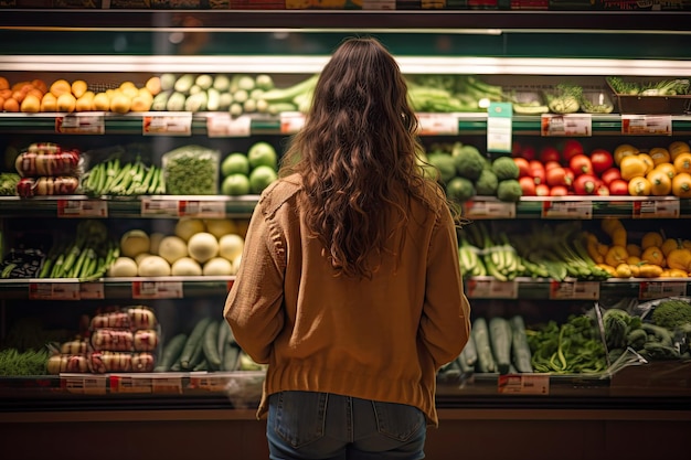 Vista posteriore di una donna che guarda le verdure fresche sullo scaffale del supermercato Vista posteriore della giovane donna che compra frutta e verdura AI Generato