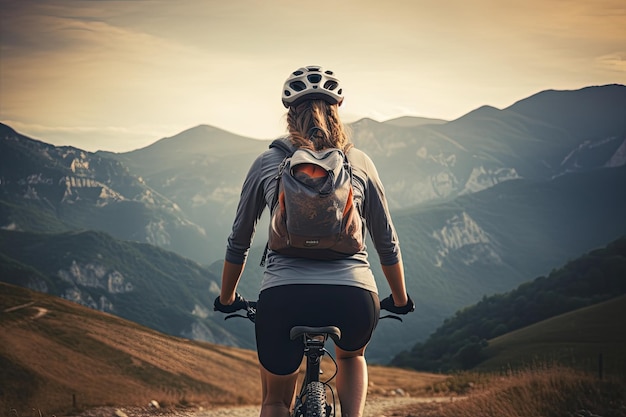 Vista posteriore di una donna che guida una mountain bike in montagna Una ciclista che guida una bicicletta in montagna Vista posteriore senza facce visibili sfondo naturale AI Generato