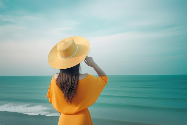 Vista posteriore di una donna che indossa un cappello seduto su una spiaggia