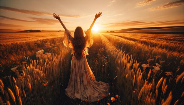 Vista posteriore di una donna con le braccia aperte in piedi in un campo di papaveri durante un tramonto mozzafiato che evoca libertà e pace