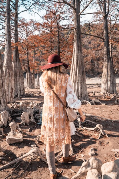 Vista posteriore di una donna in piedi nella foresta