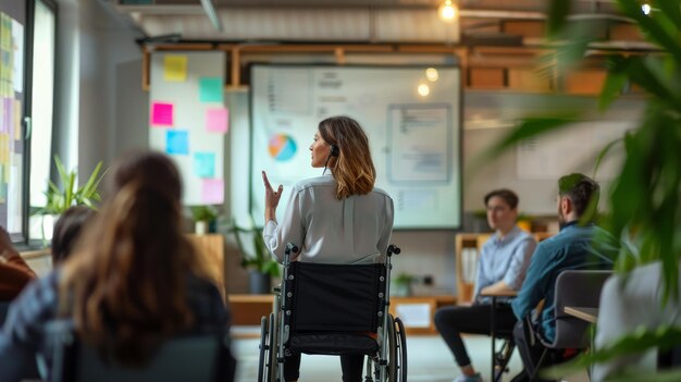 Vista posteriore di una donna in sedia a rotelle che fa una presentazione in un ufficio moderno Promuovere l'inclusione e l'accessibilità sul posto di lavoro Mentrare l'occupazione delle persone disabili