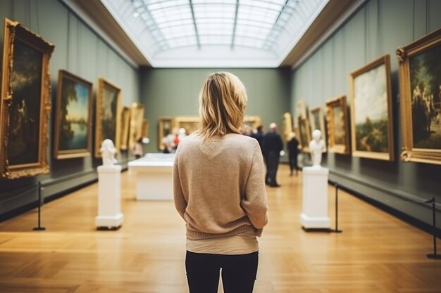 Vista posteriore di una donna in una galleria d'arte che apprezza le opere d'arte