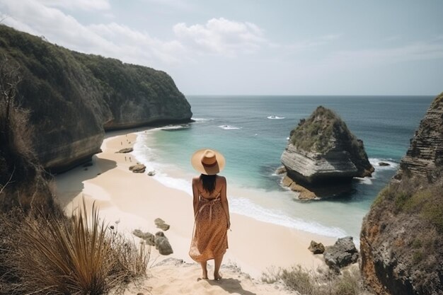 Vista posteriore di una donna in viaggio in piedi su scogliere e spiaggia tropicale