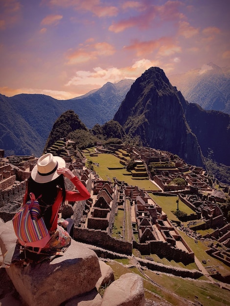 Vista posteriore di una donna seduta contro il paesaggio