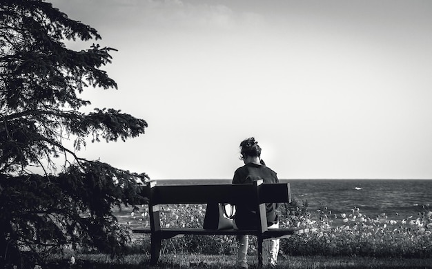Vista posteriore di una donna seduta su una panchina sul mare in un parco contro il cielo