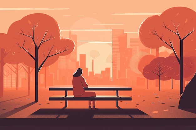 Vista posteriore di una donna solitaria irriconoscibile che riposa seduta al tavolo nel parco autunnale rilassarsi all'aperto illustrazione piatta AI generativa