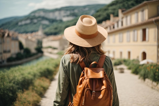 Vista posteriore di una donna turista con cappello e zaino in vacanza in Francia Wanderlust concept
