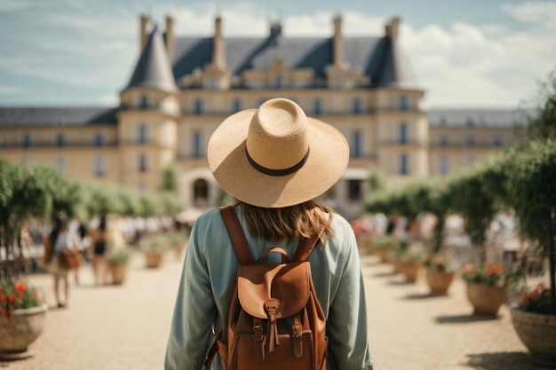 Vista posteriore di una donna turista con cappello e zaino in vacanza in Francia Wanderlust concept