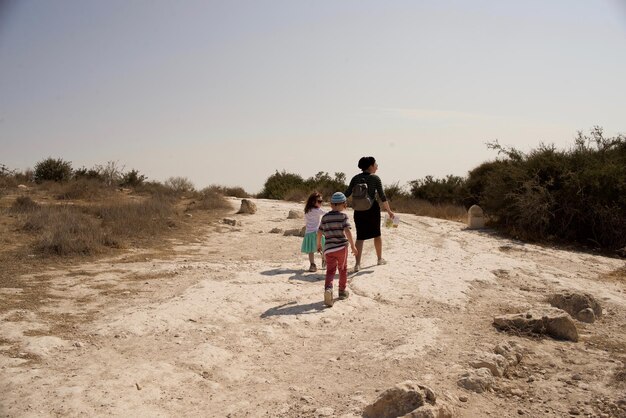 Vista posteriore di una famiglia che cammina sulla terraferma