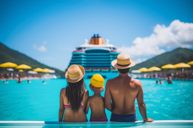 Vista posteriore di una famiglia che trascorre un momento rinfrescante nella zona della piscina della nave