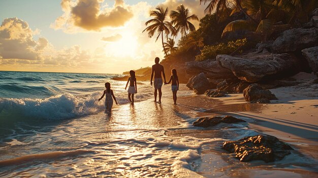 Vista posteriore di una famiglia in piedi sulla spiaggia tropicale